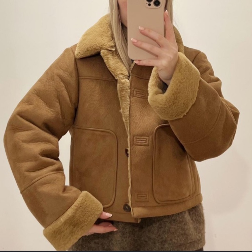 Zara Tan Shearling-Trim Button Jacket - Picture 2 of 9